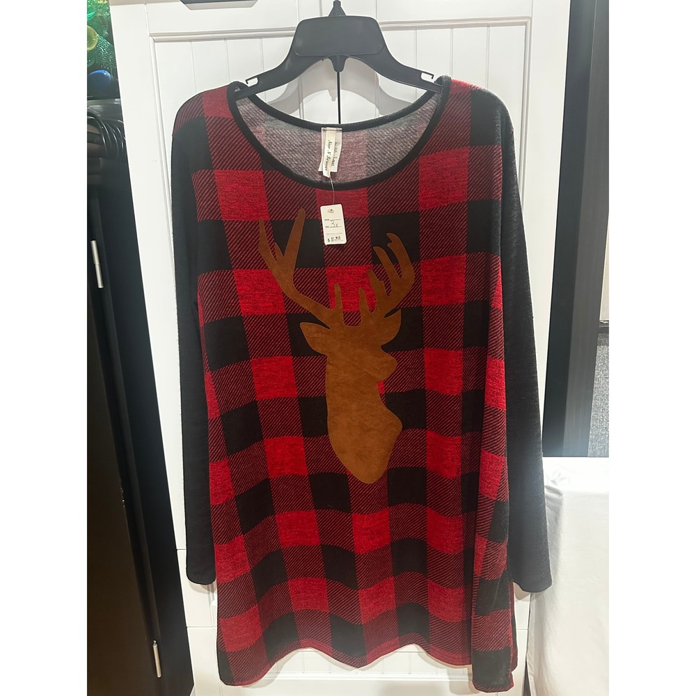 Cato Red and Black Plaid Deer Blouse